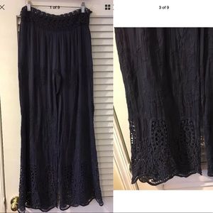 Navy Blue Bohemian Boho embroidered Silk pants